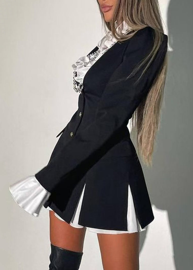 Boutique Blue Ruffled Button Cotton Two-piece Set Fall Qr014