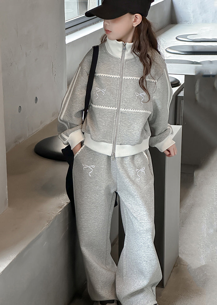 Boutique Grey Stand Collar Patchwork Coats and Wide Leg Pants Two Pieces Sets Spring Tr023