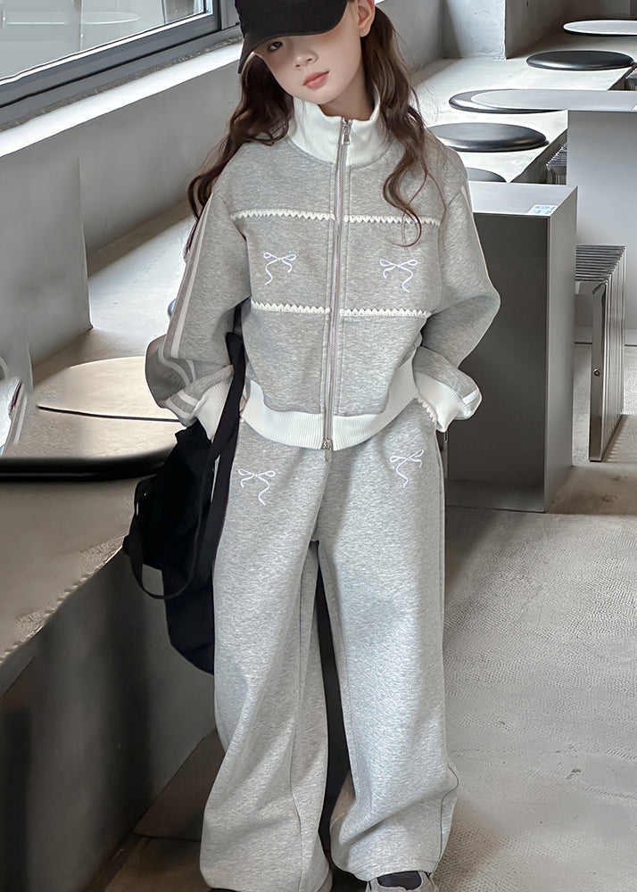 Boutique Grey Stand Collar Patchwork Coats and Wide Leg Pants Two Pieces Sets Spring Tr023