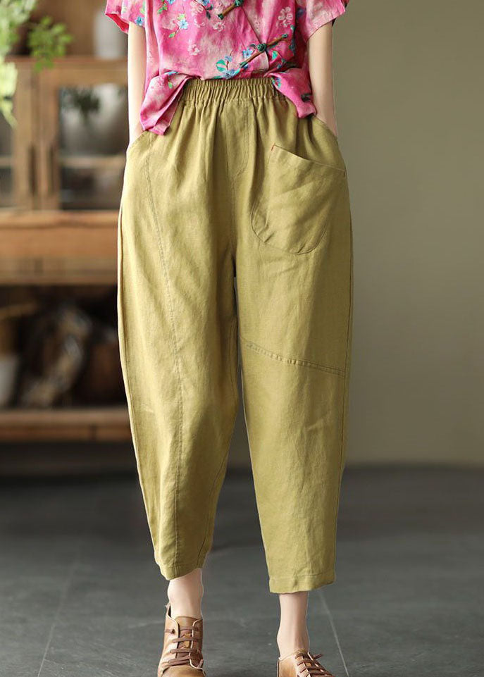 Boutique Yellow Pockets Patchwork Linen Crop Pants Summer Ly0585