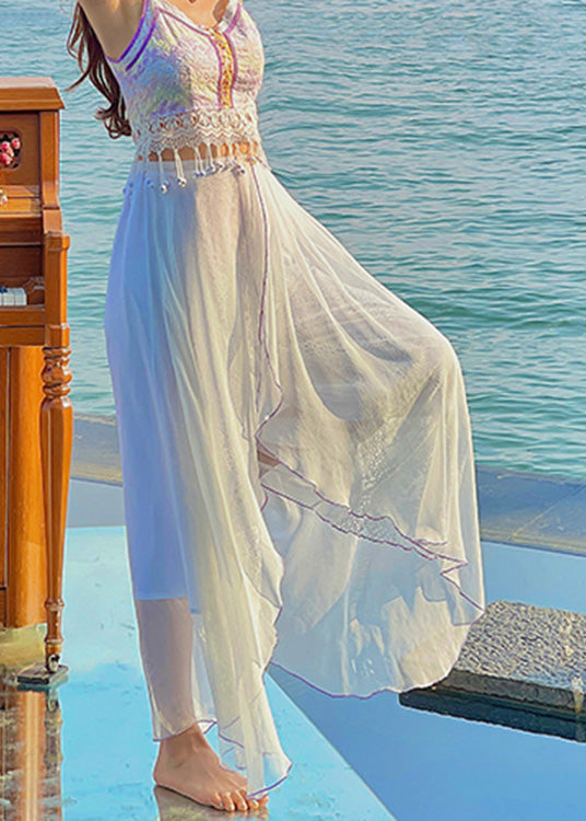 Brief White Embroideried Elastic Waist Wide Leg Pants Summer Ly0192