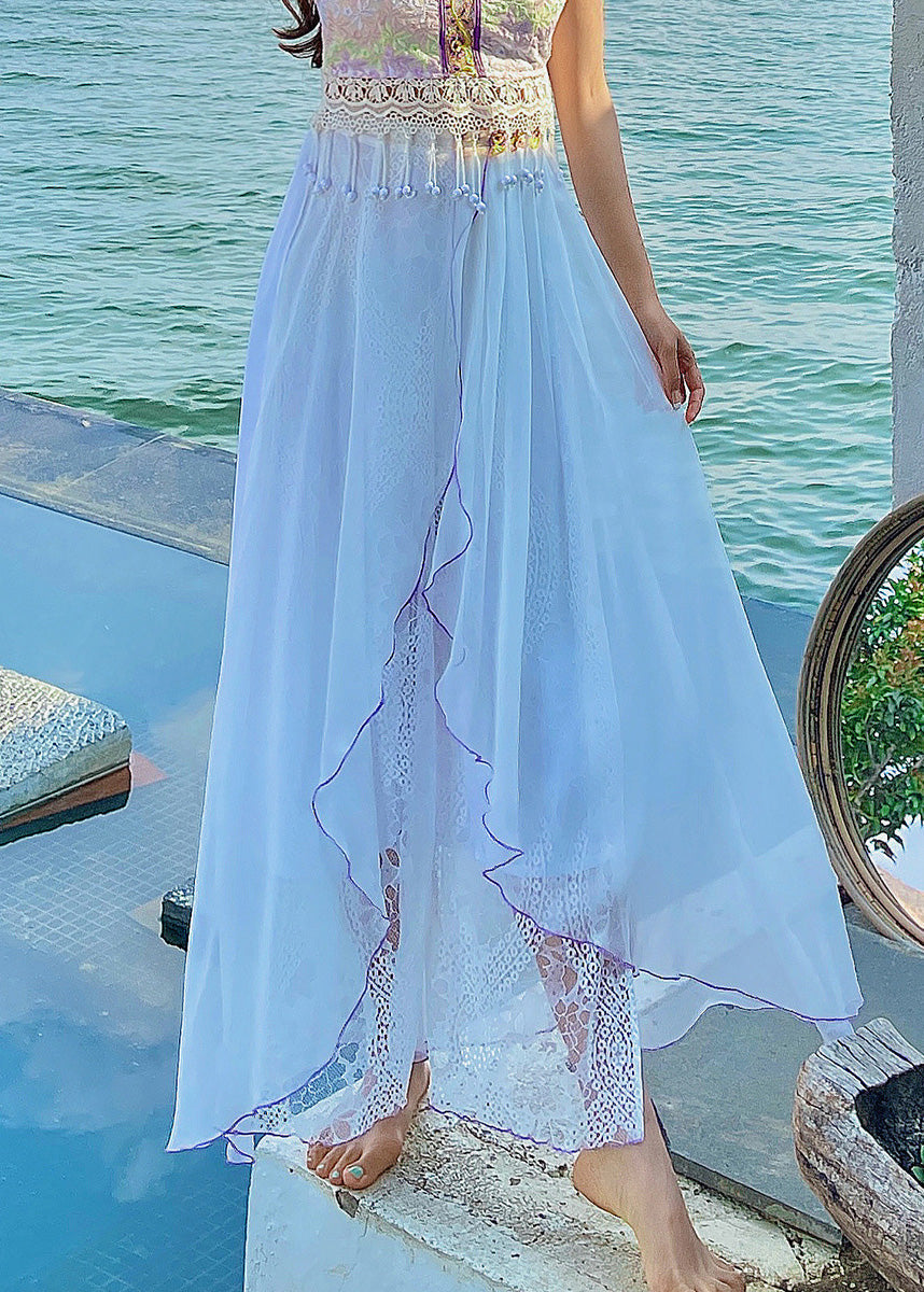 Brief White Embroideried Elastic Waist Wide Leg Pants Summer Ly0192