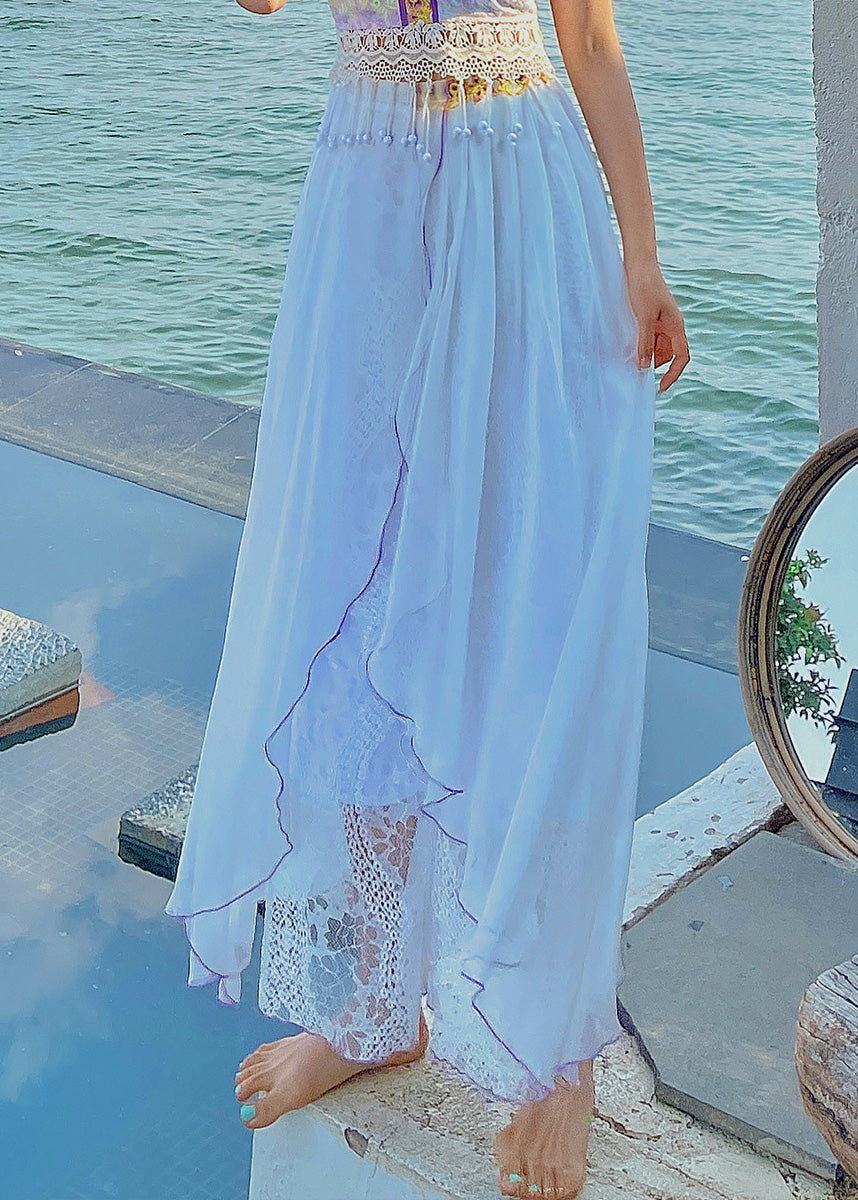 Brief White Embroideried Elastic Waist Wide Leg Pants Summer Ly0192