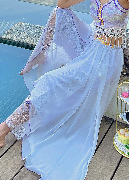 Brief White Embroideried Elastic Waist Wide Leg Pants Summer Ly0192