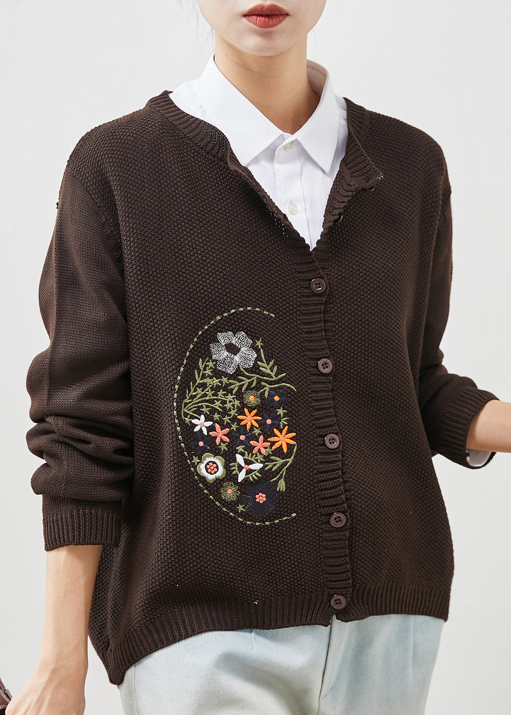 Brown Cozy Knit Cardigan Embroidered Spring Yu1044