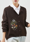 Brown Cozy Knit Cardigan Embroidered Spring Yu1044
