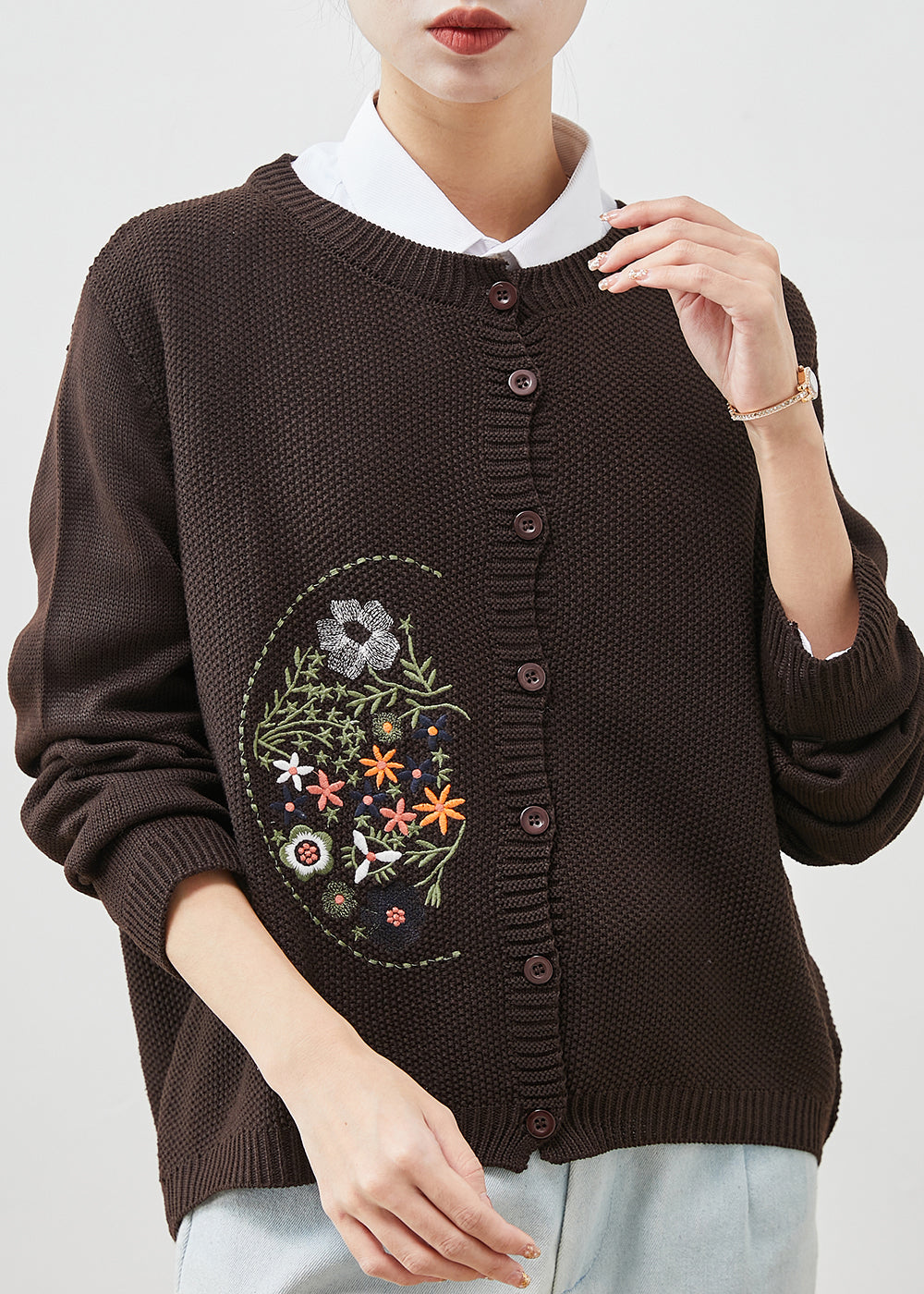 Brown Cozy Knit Cardigan Embroidered Spring Yu1044
