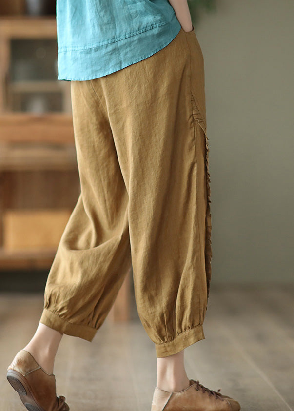 Brown Ruffled Elastic Waist Cozy Crop Pants Tq1051