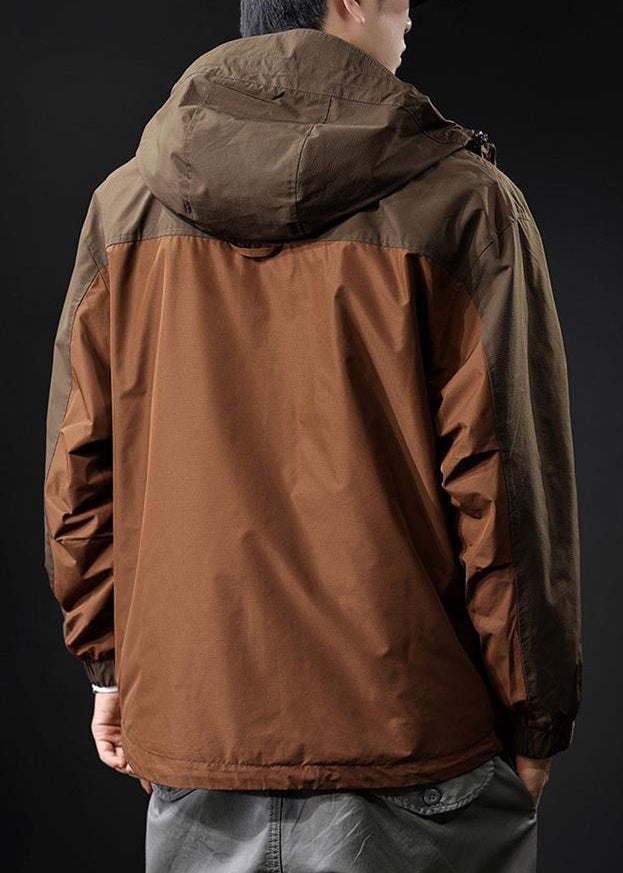 Coat Loose Hooded Zippered Pockets Brown Cotton Patchwork