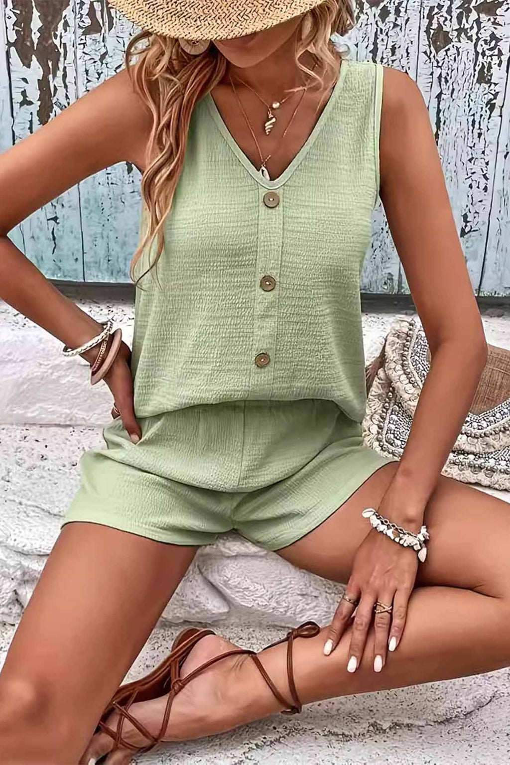 Button Decor Tank Top Shorts Set
