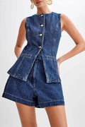 Button Down Tank Tops Shorts Denim Set