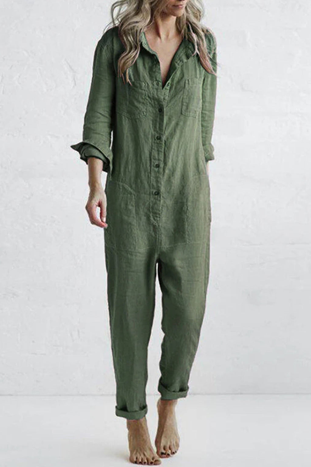 Button Lapel Pocket Long Sleeve Jumpsuits