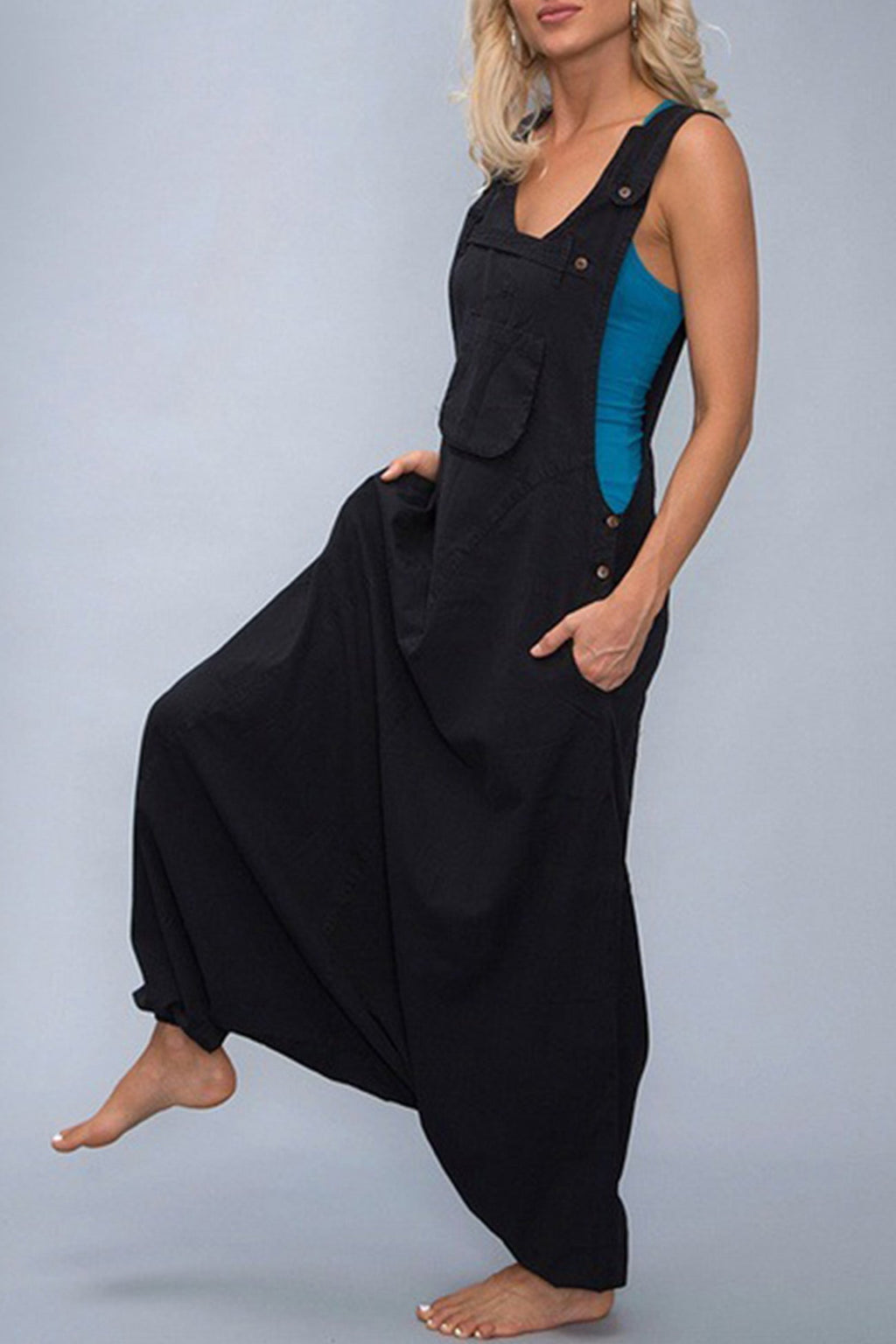 Buttoned Sleeveless Harem Cotton Jumpsuits