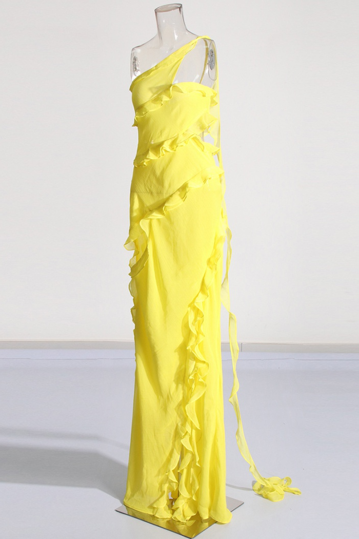 Nyssa Sleeveless Wood Ear Pleated Chiffon Maxi Dress