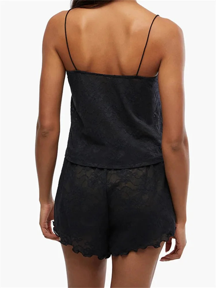 Lace 2 Pieces Summer Lounge Set Sleeveless Strap Lace Mesh Sheer Shorts Sleepwear Crop Top