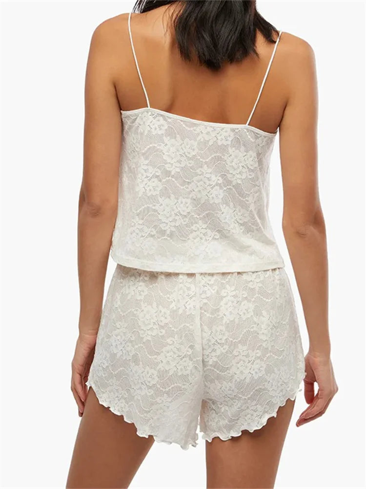 Lace 2 Pieces Summer Lounge Set Sleeveless Strap Lace Mesh Sheer Shorts Sleepwear Crop Top