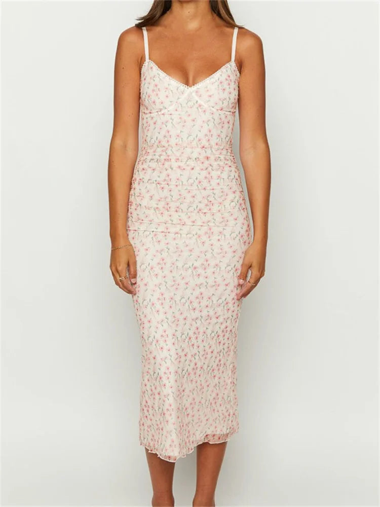 Print Sleeveless Strap Summer Slim Fit V-neck Midi Dress
