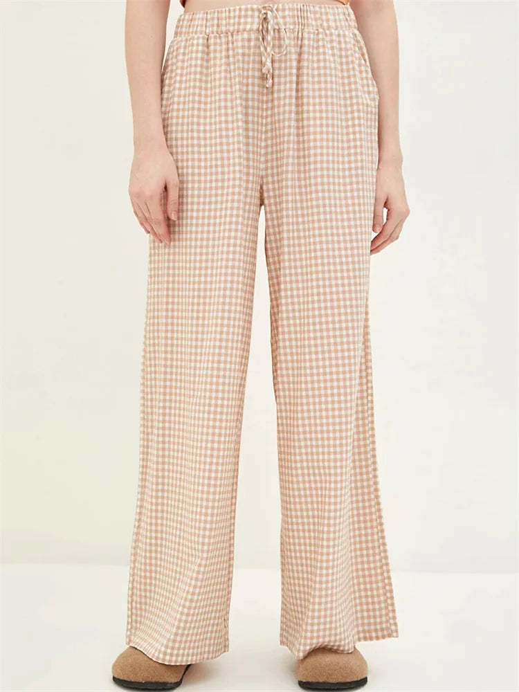 Plaid High-waisted Drawstring Wide Leg Pant