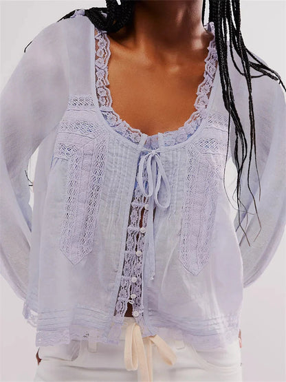 Long Sleeve Loose Lace Patchwork Blouse