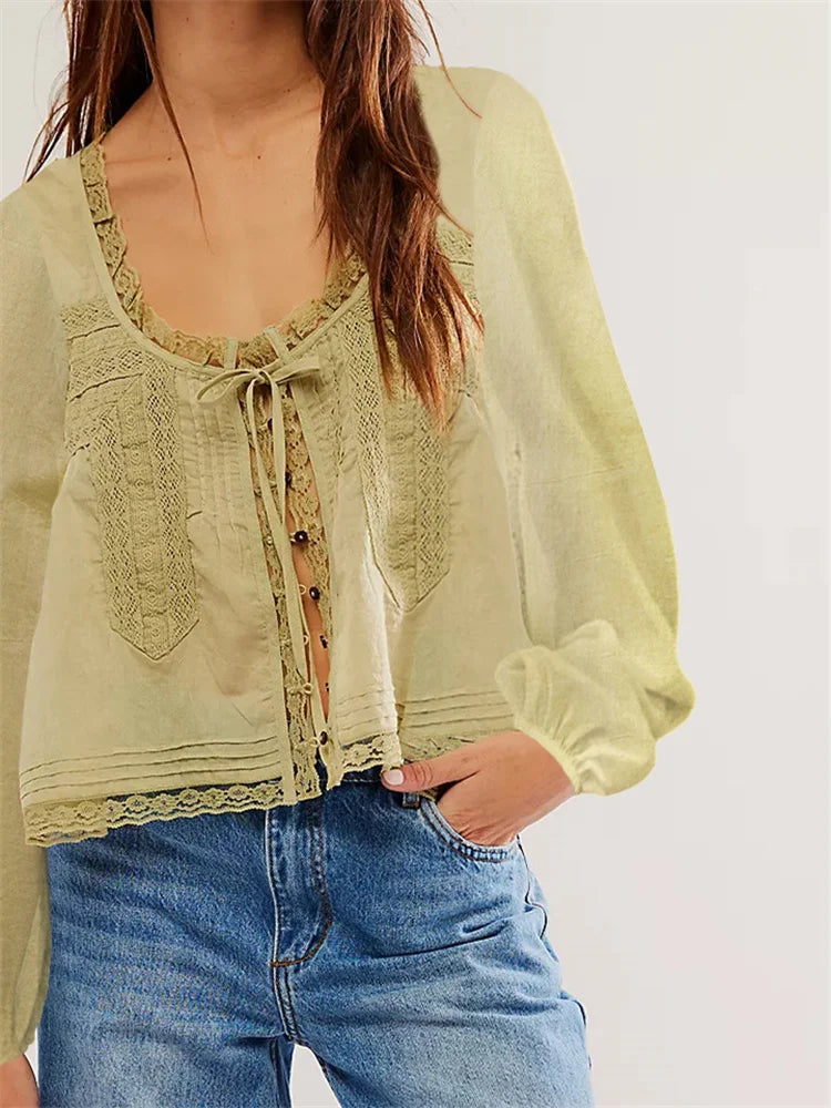 Long Sleeve Loose Lace Patchwork Blouse