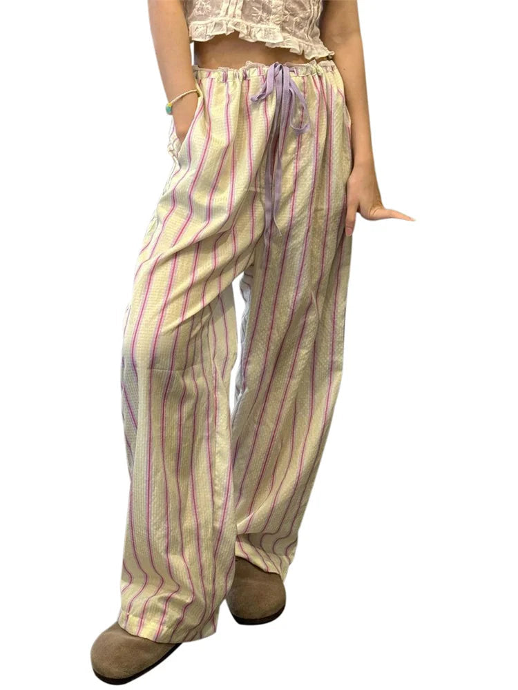 Striped Ruffles Drawstring Elastic Waist Pant