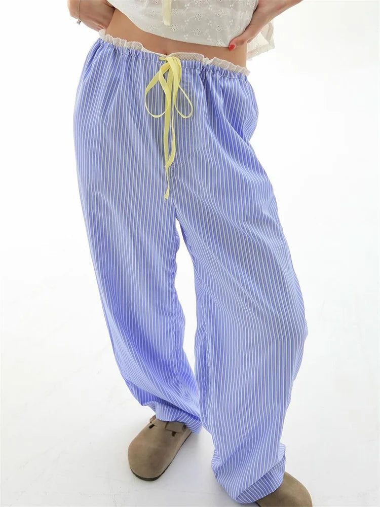 Striped Ruffles Drawstring Elastic Waist Pant