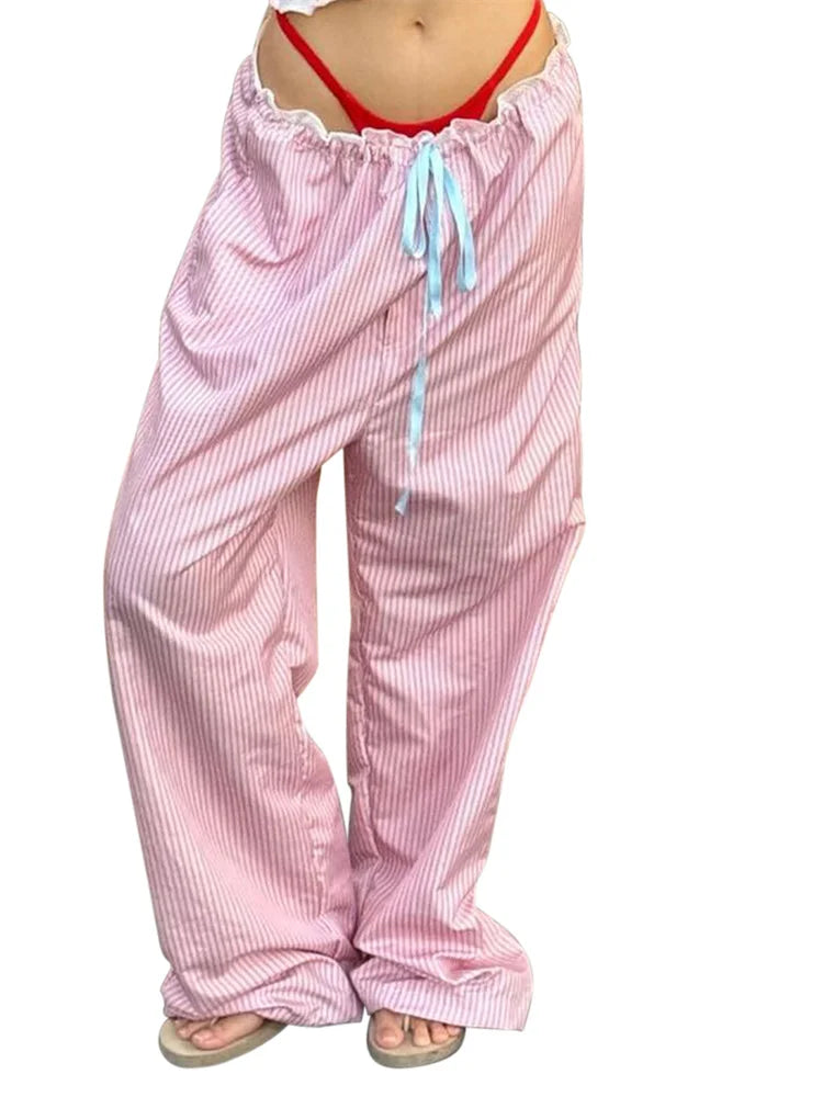 Striped Ruffles Drawstring Elastic Waist Pant