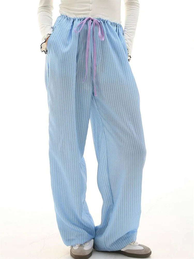 Striped Ruffles Drawstring Elastic Waist Pant
