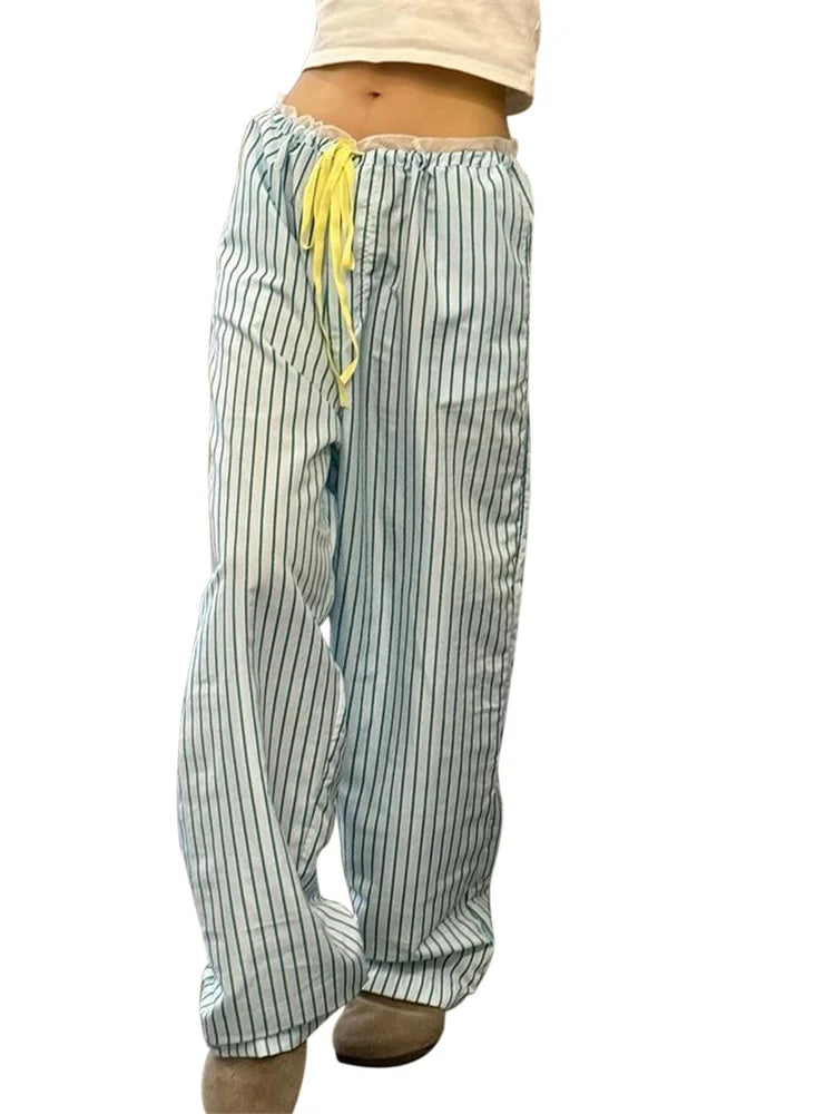 Striped Ruffles Drawstring Elastic Waist Pant