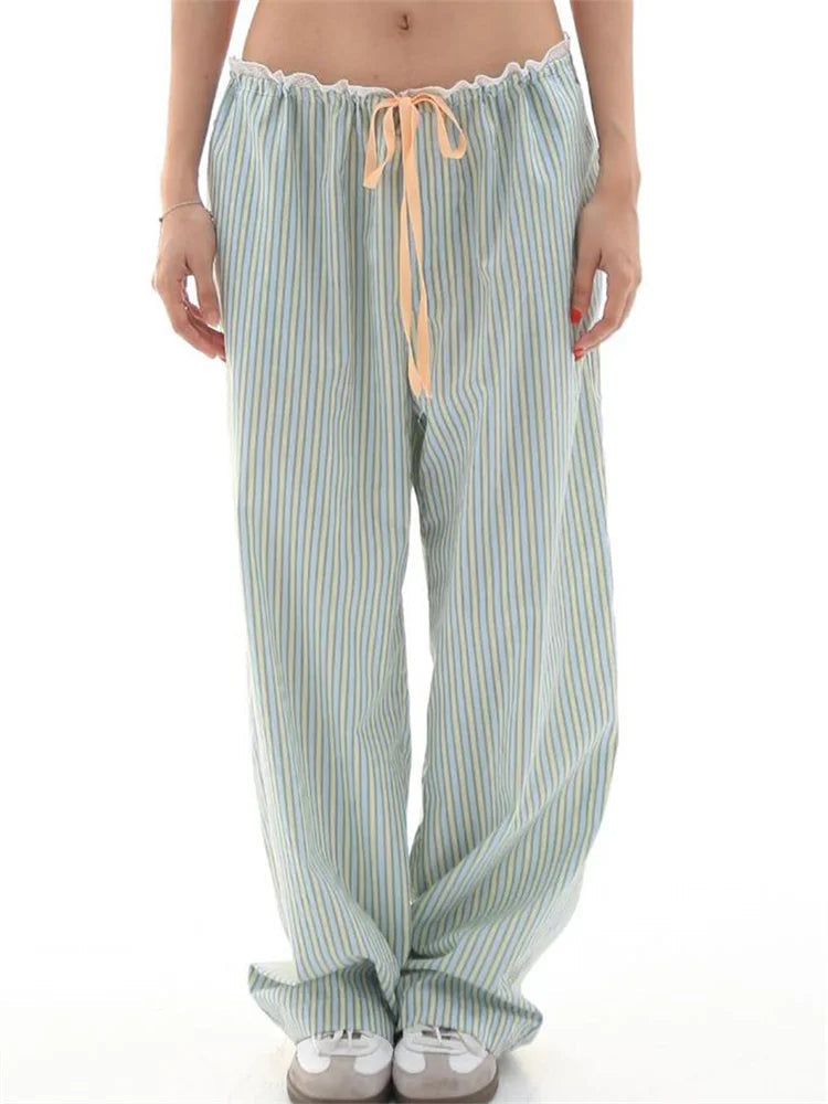 Striped Ruffles Drawstring Elastic Waist Pant