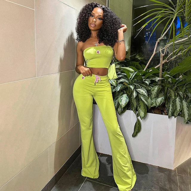 Ins Embroidered Flower Tube Top High Waist Drawstring Pant Two-piece Set Spring – Embroidered Tube Top and High Waist Drawstring Pants Set