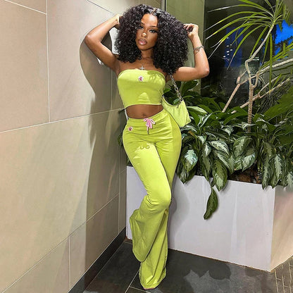 Ins Embroidered Flower Tube Top High Waist Drawstring Pant Two-piece Set Spring – Embroidered Tube Top and High Waist Drawstring Pants Set