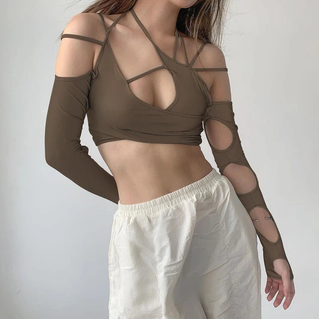 Punk Halter Tops Gothic Egirl Patchwork Long Sleeve Crop Top Cut Out T-shirts