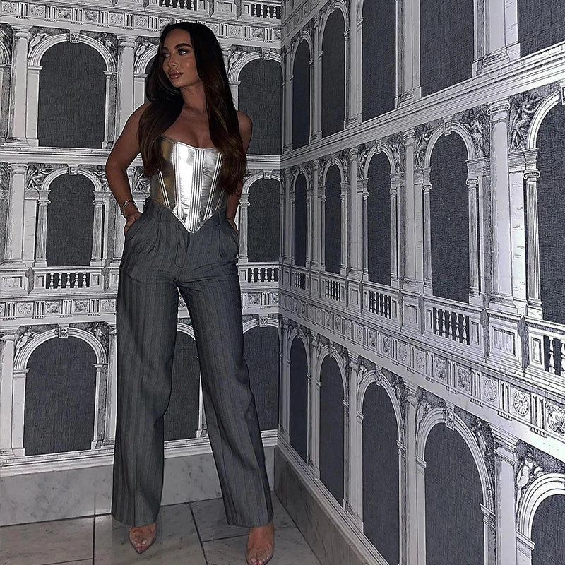 ’s Metallic Vest Top Slim Undercoat Corset Bottoming Shirt Waist Bandage Hot Spring