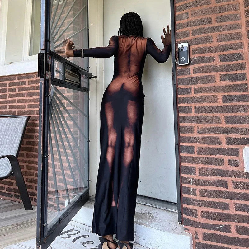 Y2k 3d Body Print Maxi Dress Long Sleeve Unique Body-shaping Attirewear Robe Party