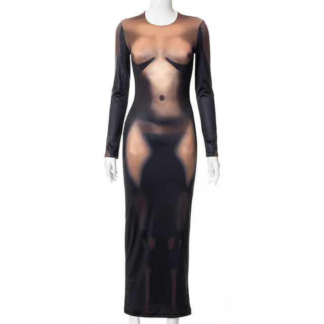 Y2k 3d Body Print Maxi Dress Long Sleeve Unique Body-shaping Attirewear Robe Party