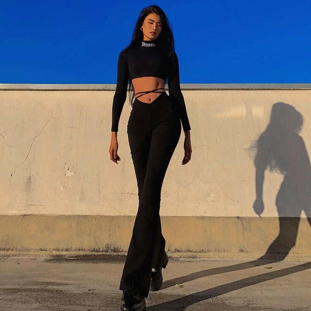 Y2k Flare Pants E Girl Style Strechy Trousers Lace Up V Waist Low Rise Harajuku Black Pants