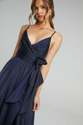 Cami V-neck Wrapover Pleated Lace Up Slit Maxi Dress Blue