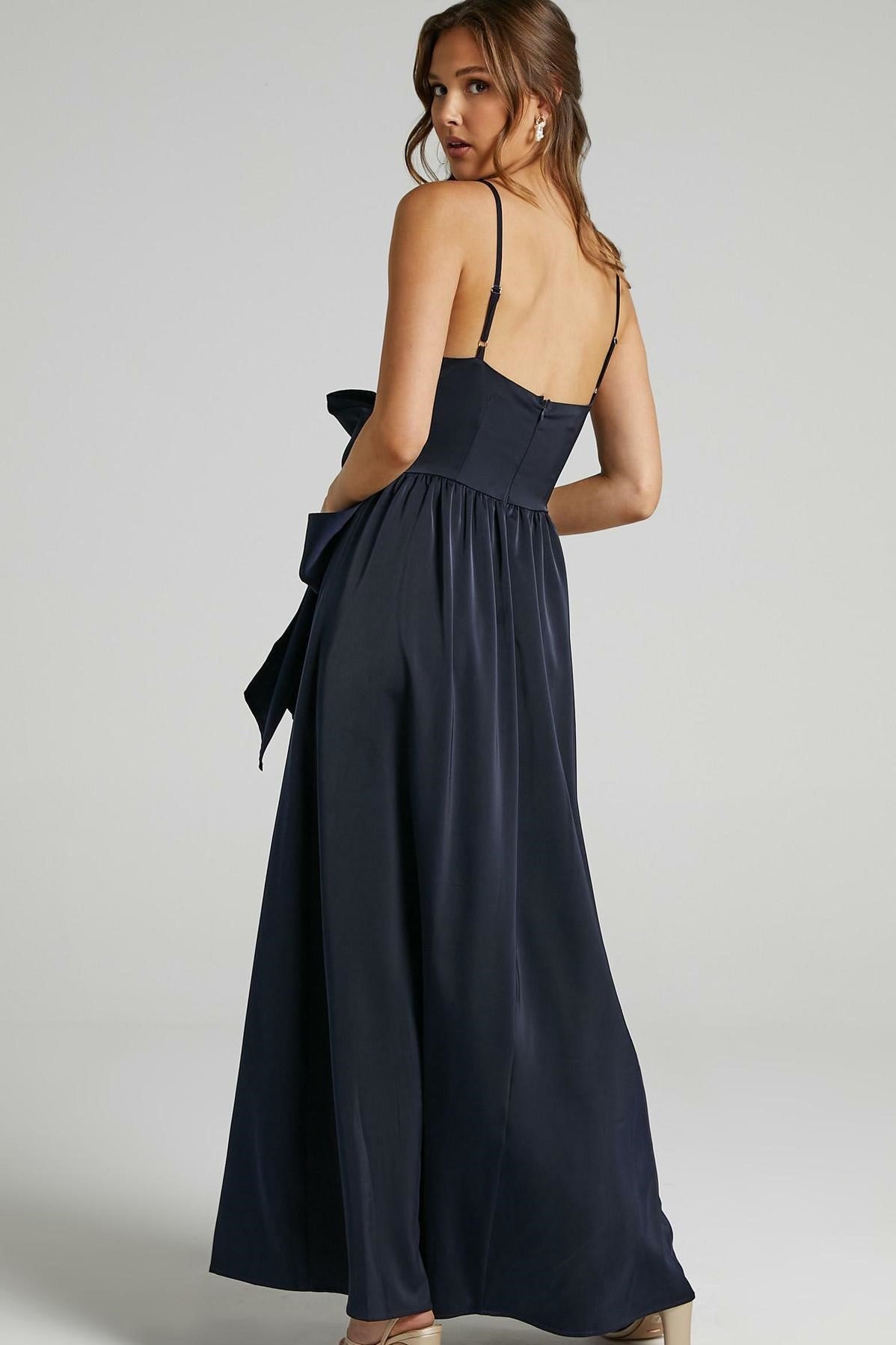 Cami V-neck Wrapover Pleated Lace Up Slit Maxi Dress Blue