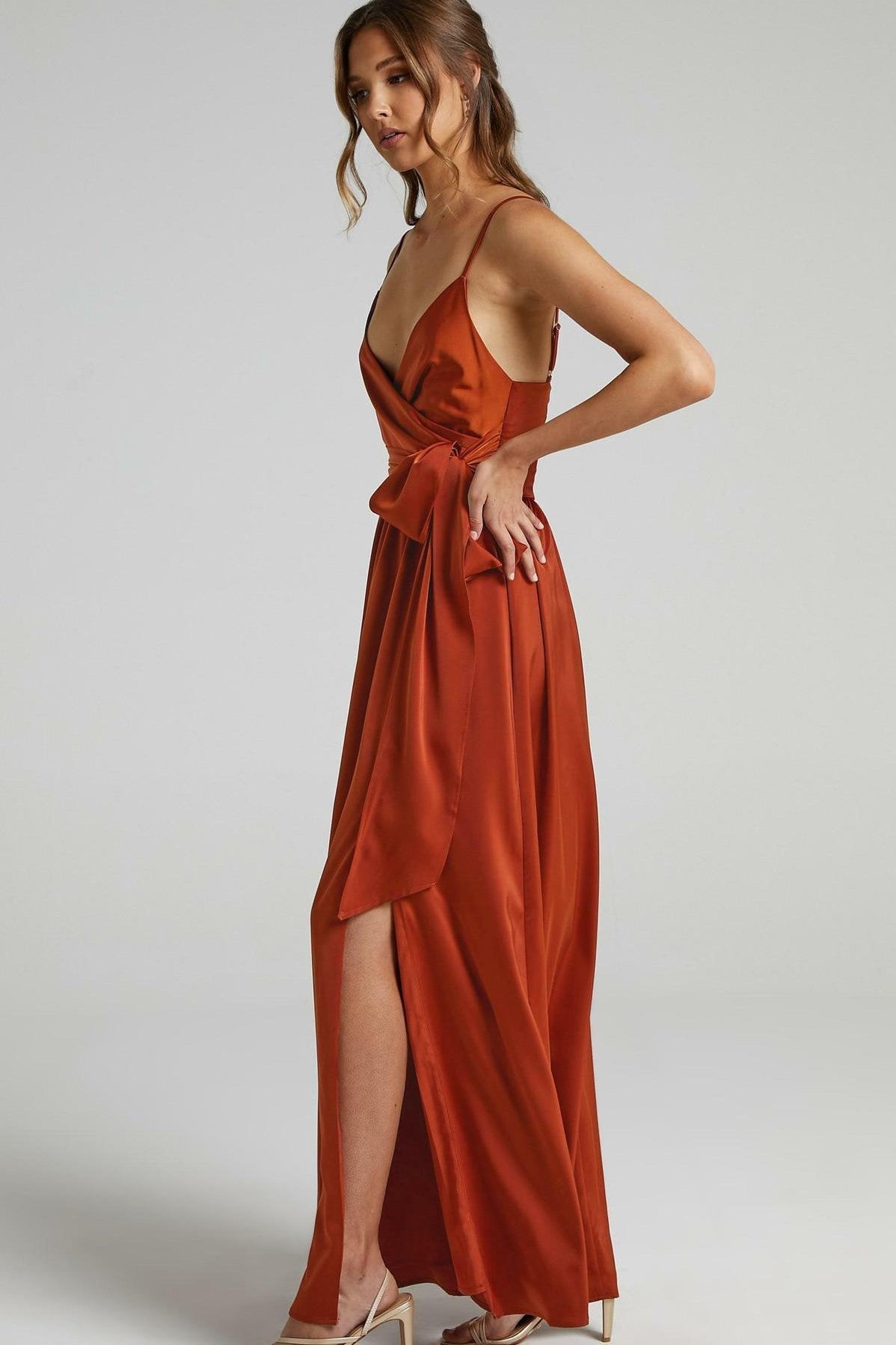 Cami V-neck Wrapover Pleated Lace Up Slit Maxi Dress Red