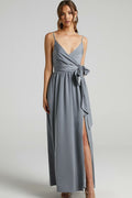 Cami V-neck Wrapover Pleated Lace Up Slit Maxi Dress Grey