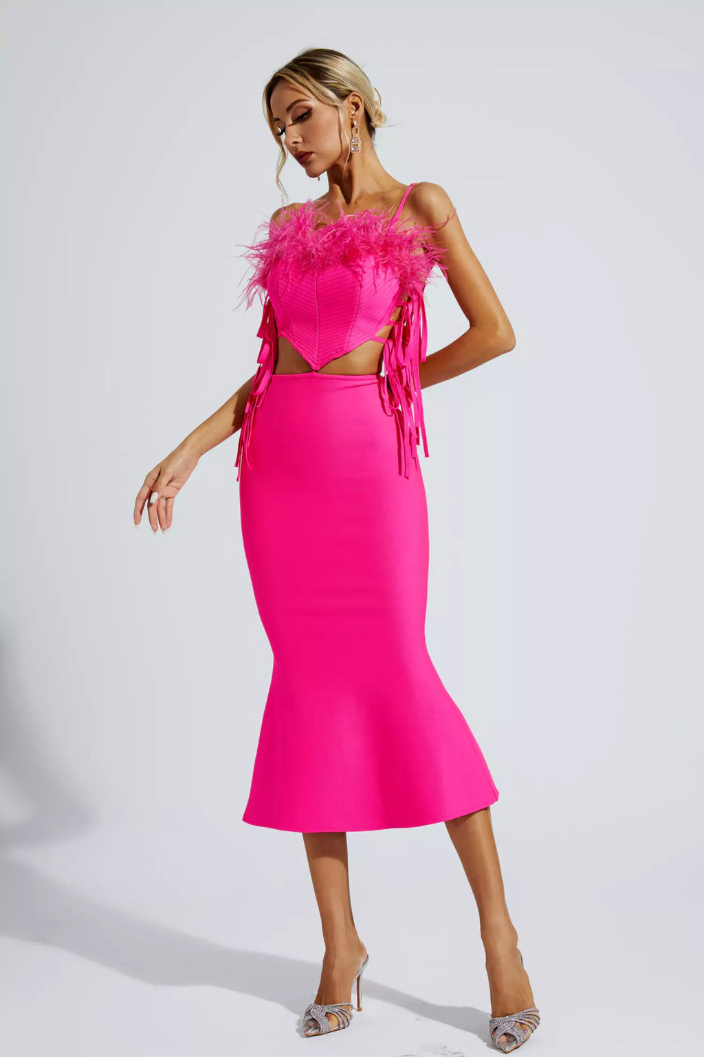 Carter Pink Feather Bandage Midi Dress