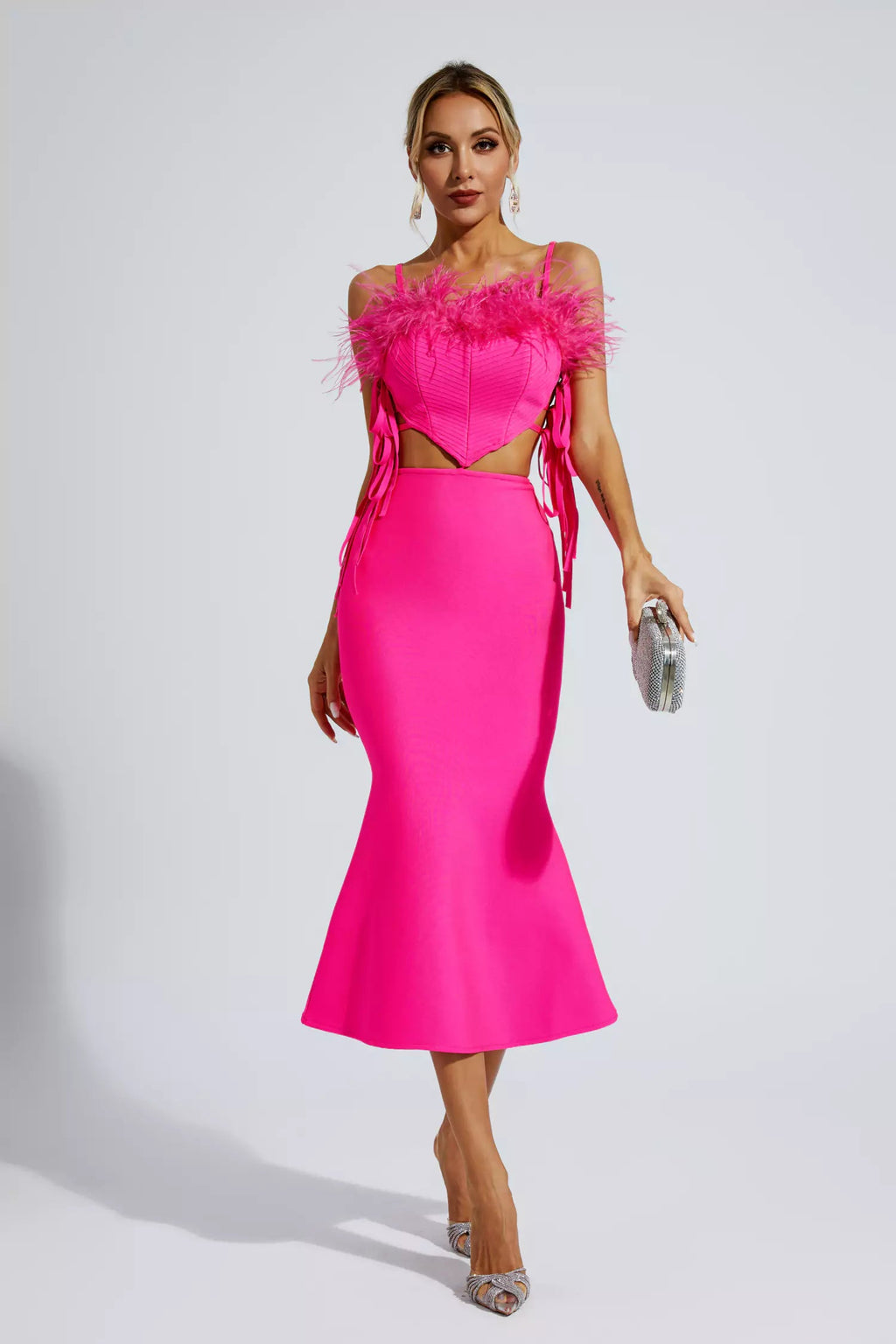 Carter Pink Feather Bandage Midi Dress