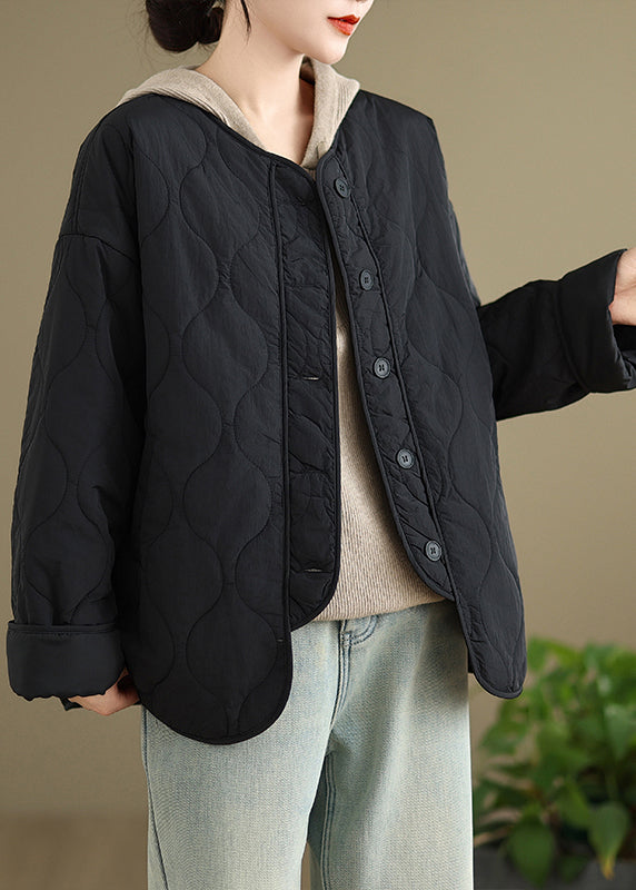 Black O Neck Pockets Button Patchwork Fine Cotton Filled Coat Spring Ti001