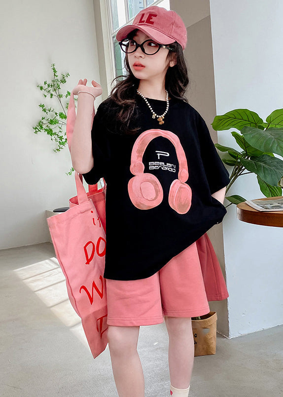 Black O-neck Print Kids Top and Shorts Two Pieces Set Summer Yu1086