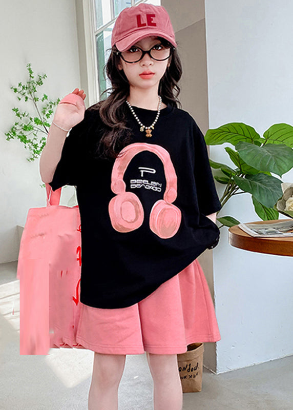 Black O-neck Print Kids Top and Shorts Two Pieces Set Summer Yu1086