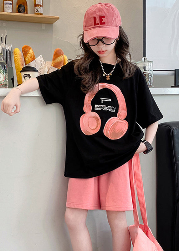 Black O-neck Print Kids Top and Shorts Two Pieces Set Summer Yu1086