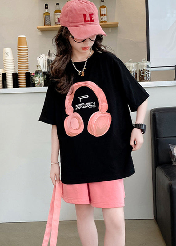 Black O-neck Print Kids Top and Shorts Two Pieces Set Summer Yu1086