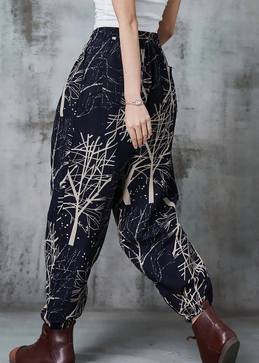 Black Oversized Print Cotton Harem Pants Spring Jk1044