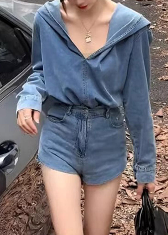 Blue Denim Hooded Top and Shorts Two Pieces Set Spring Rp007